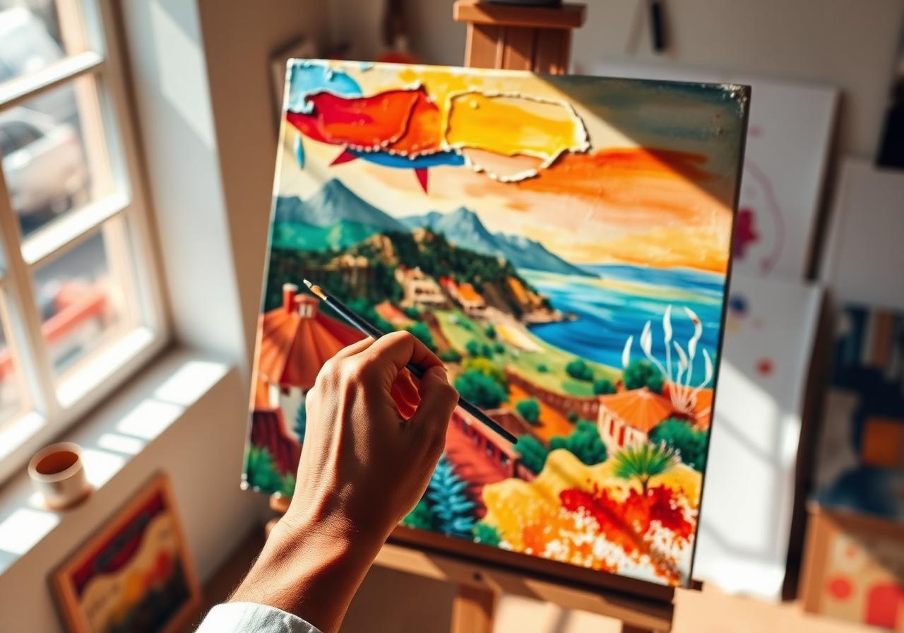 Mano pintando un paisaje al óleo en el taller